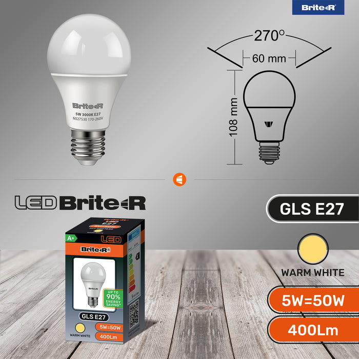 Brite-R 5W E27 ES GLS LED Bulb Warm White 3000K - westbasedirect.com