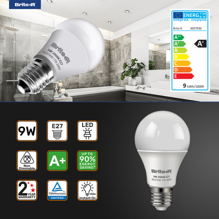 Brite-R 9W E27 ES GLS LED Bulb Warm White 3000K - westbasedirect.com