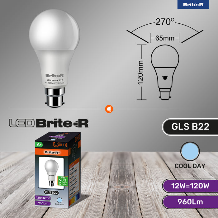 Brite-R 12W B22 BC GLS LED Bulb Cool White 6500K - westbasedirect.com
