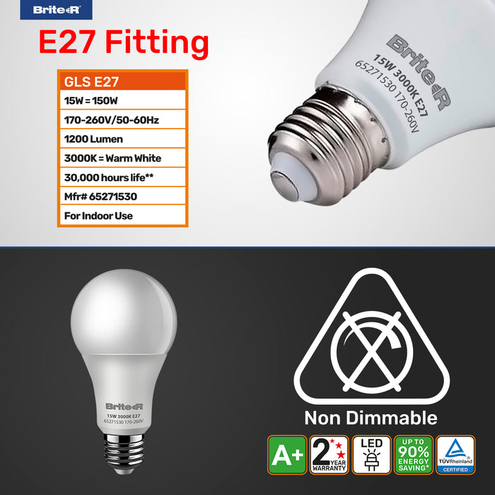 Brite-R 15W E27 ES GLS LED Bulb Warm White 3000K - westbasedirect.com
