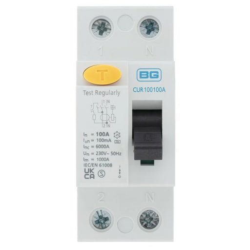 BG CUR100100A 100A Double Pole 2 Module 100mA Type A RCD - westbasedirect.com