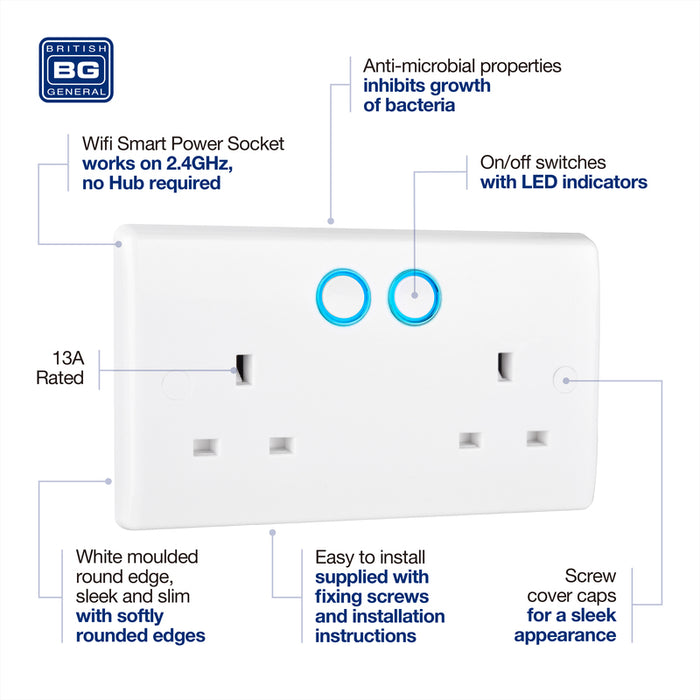 BG 822/HC White Moulded Slim Double Switched 13A Power Socket with Smart Home Control - westbasedirect.com