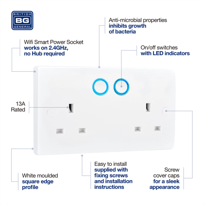 BG 922/HC White Moulded Square Edge Double Switched 13A Power Socket with Smart Home Control - westbasedirect.com