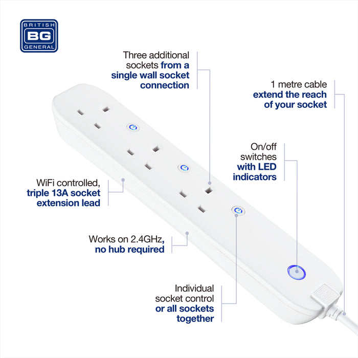 BG EHC31 3 Socket 1m 13A Smart Extension Lead White - westbasedirect.com