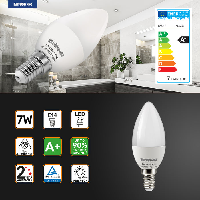 Brite-R 7W E14 SES Candle LED Bulb Warm White 3000K - westbasedirect.com