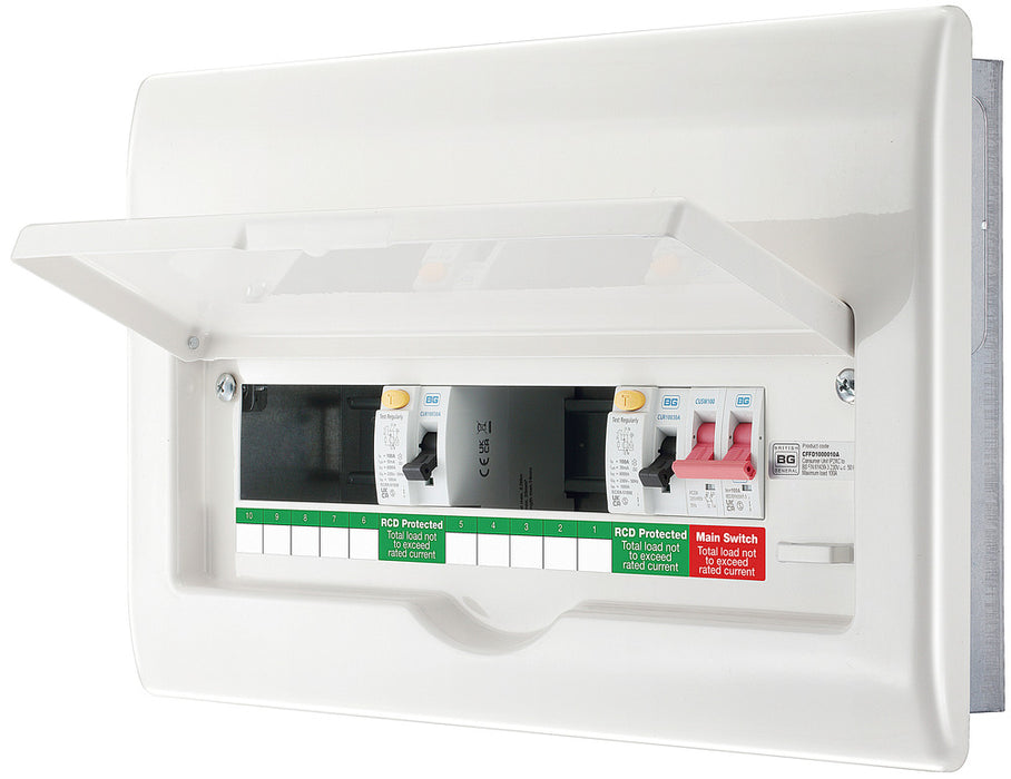BG CFFD1000010A 16 Module 10 Way Fully Recessed Unpopulated + 100A Switch, 2x100A Type A 30mA RCD - westbasedirect.com