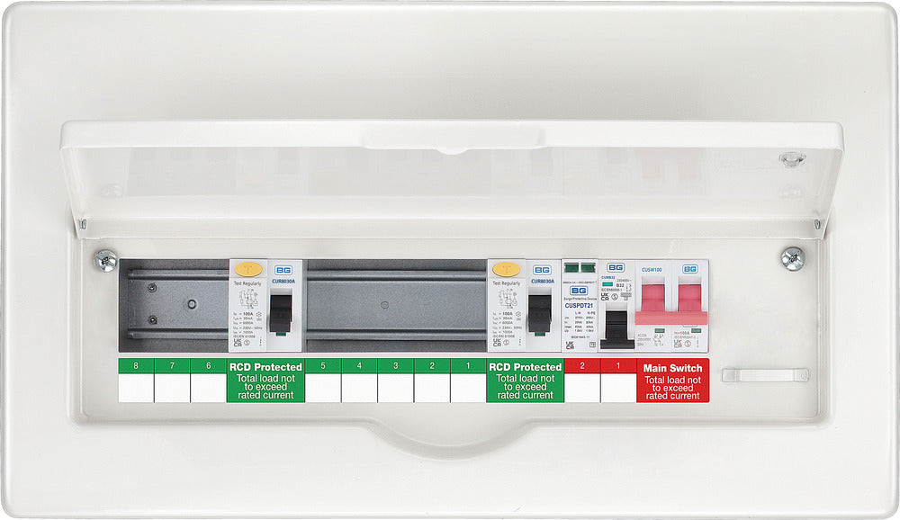 BG Fortress CFFD8808ASPD 8 Way Metal Unpopulated Fully Recessed Consumer Unit with 100A Main Switch, 2x 80A 30mA Type A RCD & 1x SPD - westbasedirect.com