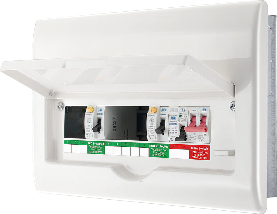 BG Fortress CFFD8808ASPD 8 Way Metal Unpopulated Fully Recessed Consumer Unit with 100A Main Switch, 2x 80A 30mA Type A RCD & 1x SPD - westbasedirect.com