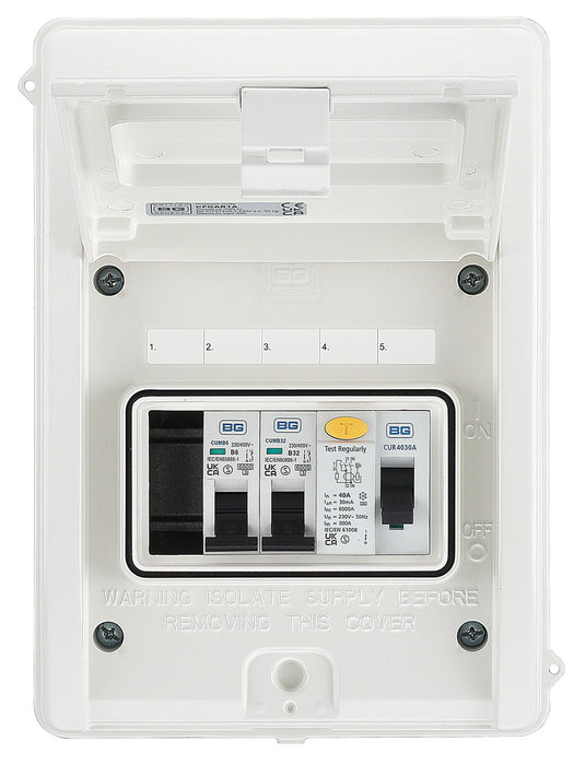 BG CFGAR1A Garage Kit - IP65 Metal Enclosure, 40A Type A 30mA RCD, 6+32A MCB - westbasedirect.com