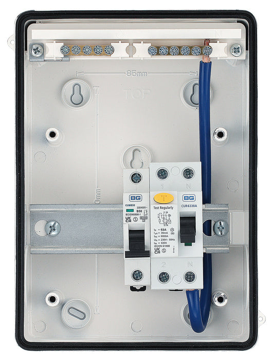 BG CFSHOW1A Metal Shower Kit - IP65 Metal Enclosure, 63A Type A 30mA RCD, 50A MCB - westbasedirect.com