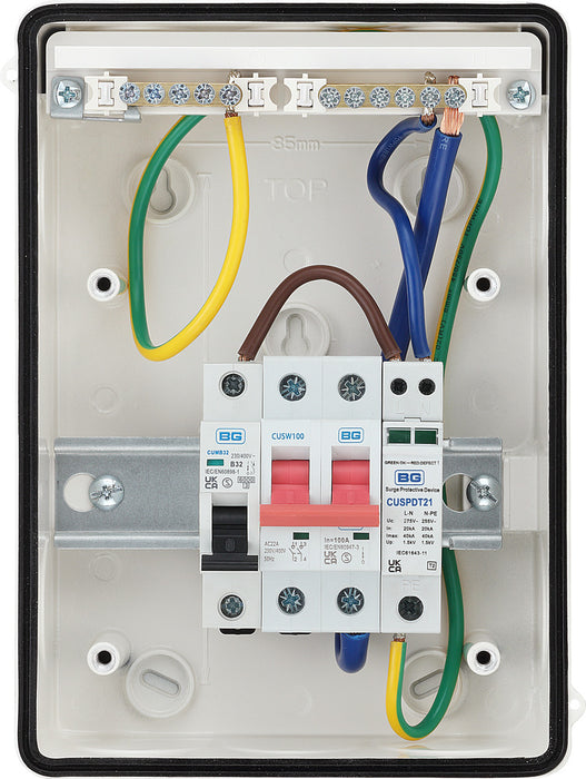 BG Fortress CFSPDE02 IP65 Metal Enclosure 5 Way Populated with 100A Main Switch, 1xSPD+1x 32A MCB - westbasedirect.com