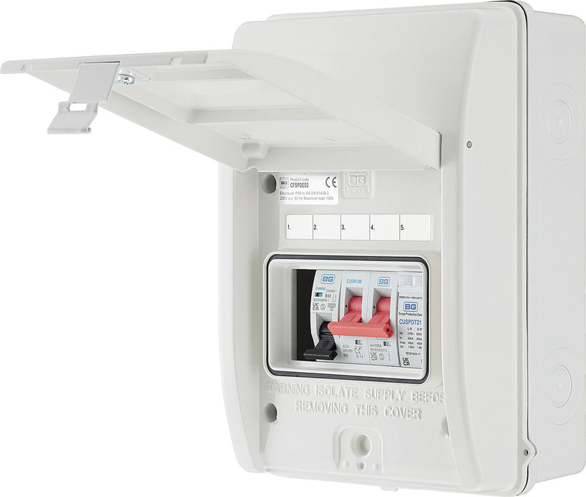 BG Fortress CFSPDE02 IP65 Metal Enclosure 5 Way Populated with 100A Main Switch, 1xSPD+1x 32A MCB - westbasedirect.com