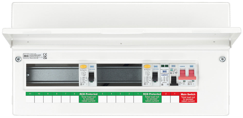 BG Fortress CFUD1000011ASPD 11 Way Metal Unpopulated Consumer Unit with 100A Main Switch, 2x 100A 30mA Type A RCD & 1x SPD - westbasedirect.com
