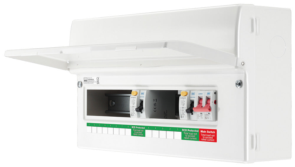 BG CFUD1000013A BG 19 Module 13 Way Unpopulated + 100A Switch, 2x100A Type A 30mA RCD - westbasedirect.com