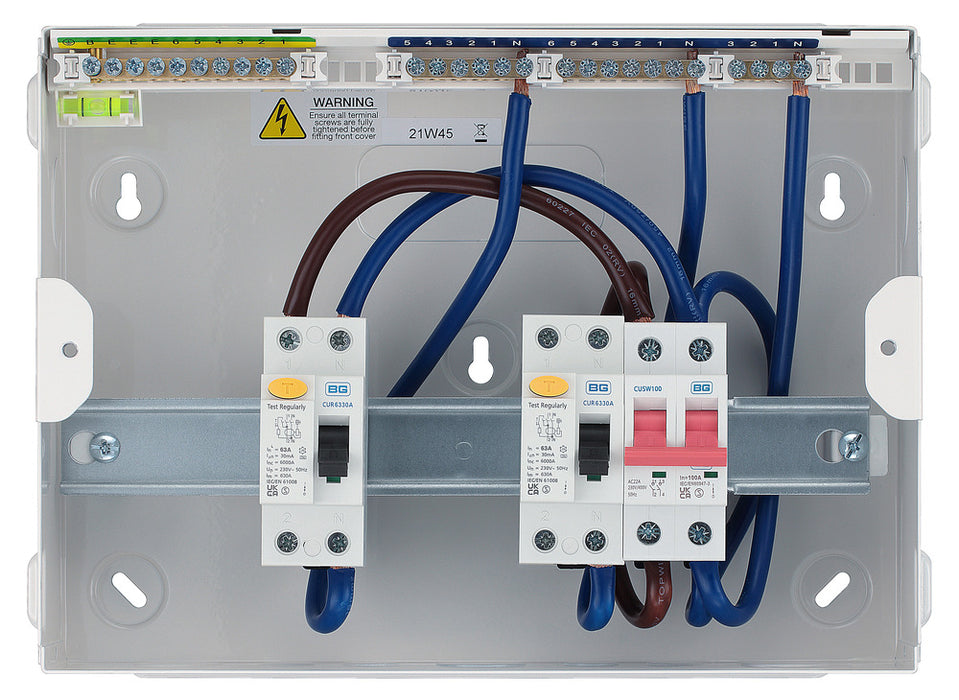 BG CFUD6606A BG 12 Module 6 Way Unpopulated + 100A Switch, 2x63A Type A 30mA RCD - westbasedirect.com