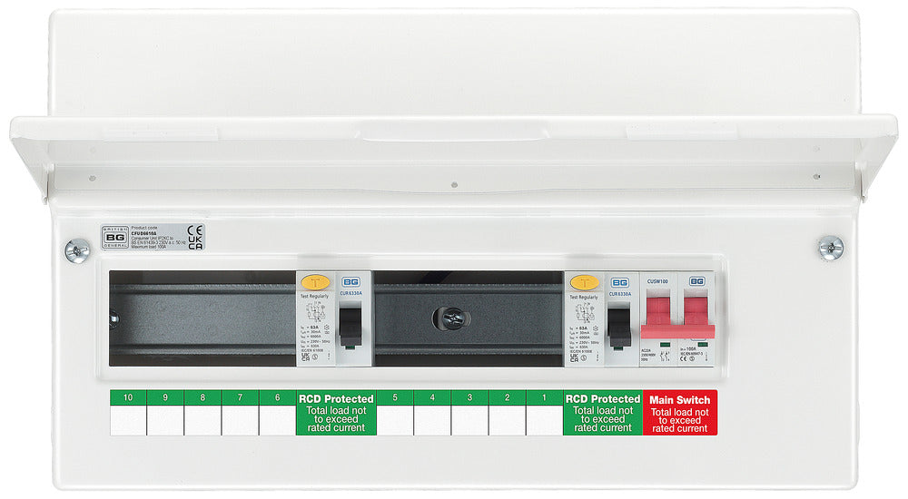 BG CFUD6610A BG 16 Module 10 Way Unpopulated + 100A Switch, 2x63A Type A 30mA RCD - westbasedirect.com