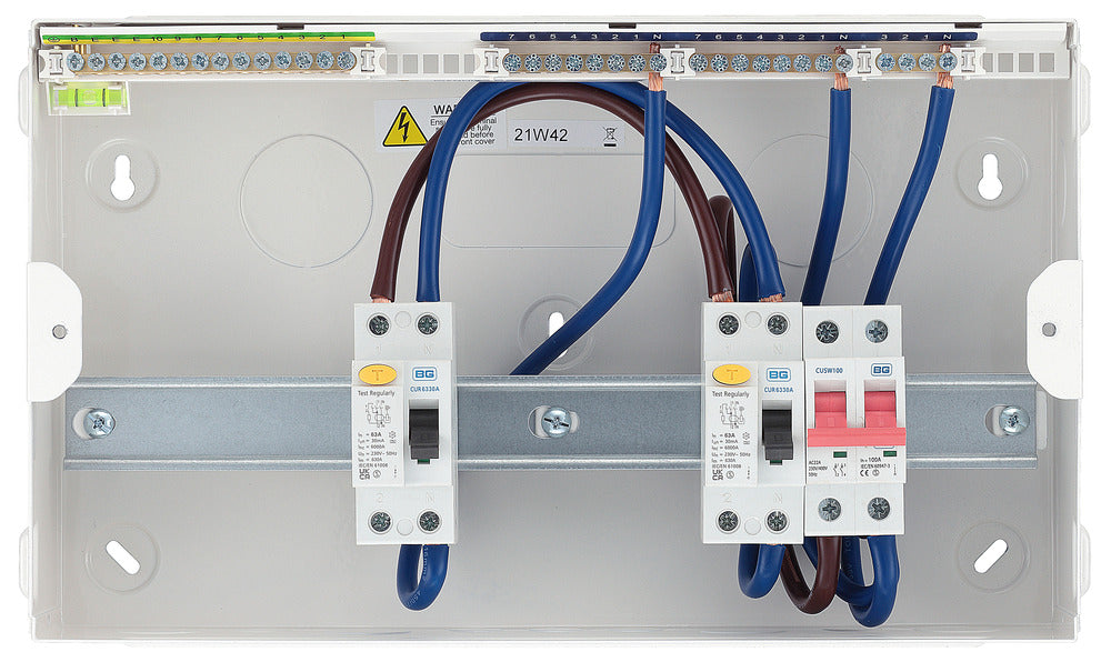 BG CFUD6610A BG 16 Module 10 Way Unpopulated + 100A Switch, 2x63A Type A 30mA RCD - westbasedirect.com
