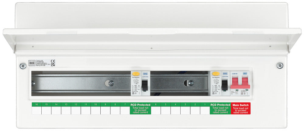 BG CFUD6616A BG 22 Module 16 Way Unpopulated + 100A Switch, 2x63A Type A 30mA RCD - westbasedirect.com