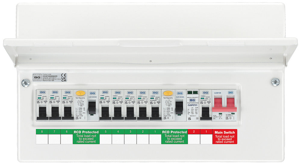 BG CFUDP1000008ASPD 16 Module 8 Way Populated + 100A Switch, 2x100A Type A 30mA RCD, SPD, 32A MCB & 8xMCBs - westbasedirect.com