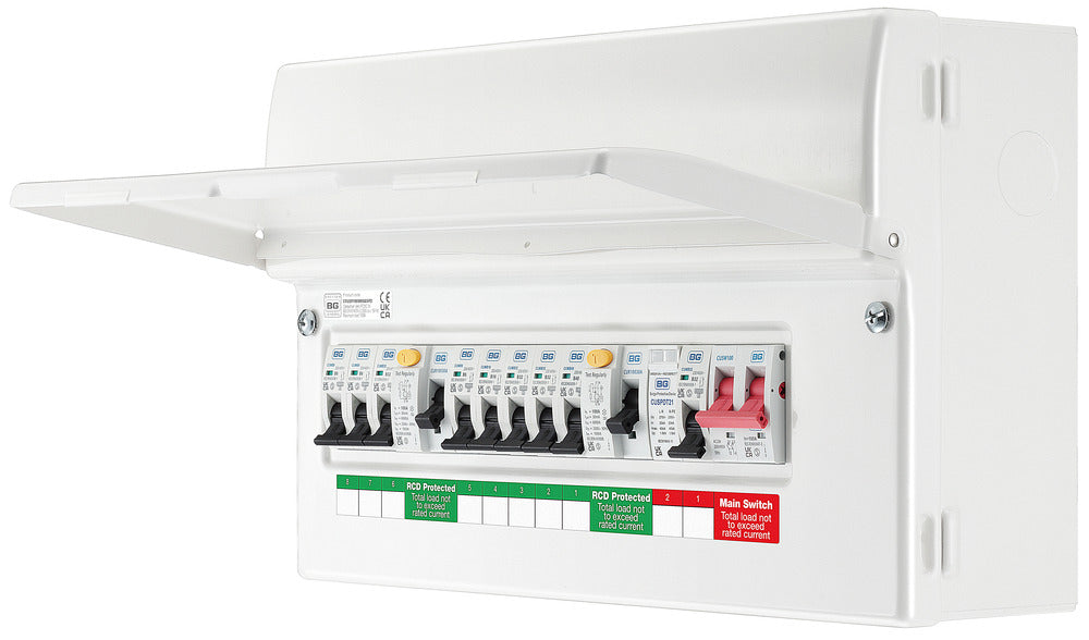BG CFUDP1000008ASPD 16 Module 8 Way Populated + 100A Switch, 2x100A Type A 30mA RCD, SPD, 32A MCB & 8xMCBs - westbasedirect.com
