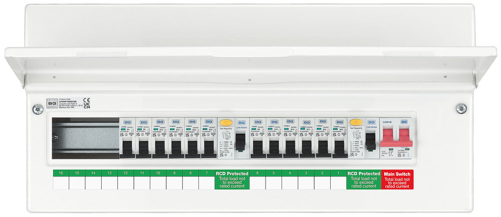 BG CFUDP1000016A BG 22 Module 16 Way Populated + 100A Switch, 2x100A Type A 30mA RCD & 12xMCBs - westbasedirect.com
