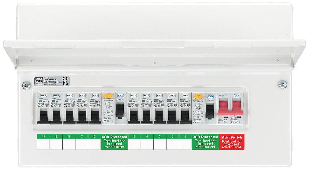 BG CFUDP16610A BG 16 Module 10 Way Populated + 100A Switch, 2x63A Type A 30mA RCD & 10xMCBs - westbasedirect.com