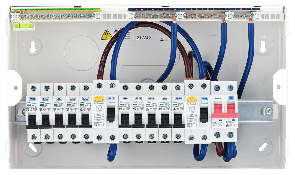 BG CFUDP16610A BG 16 Module 10 Way Populated + 100A Switch, 2x63A Type A 30mA RCD & 10xMCBs - westbasedirect.com
