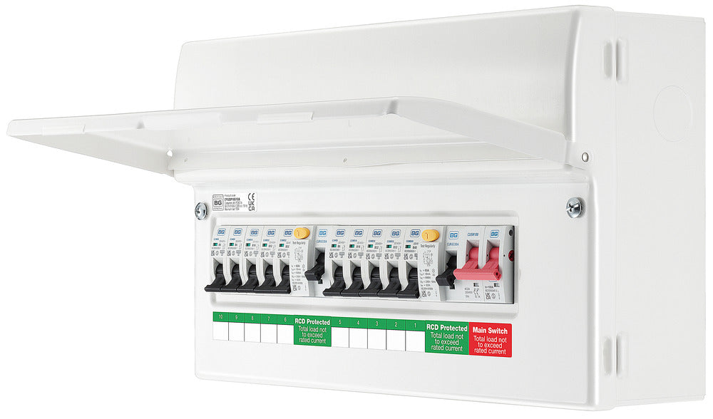 BG CFUDP16610A BG 16 Module 10 Way Populated + 100A Switch, 2x63A Type A 30mA RCD & 10xMCBs - westbasedirect.com