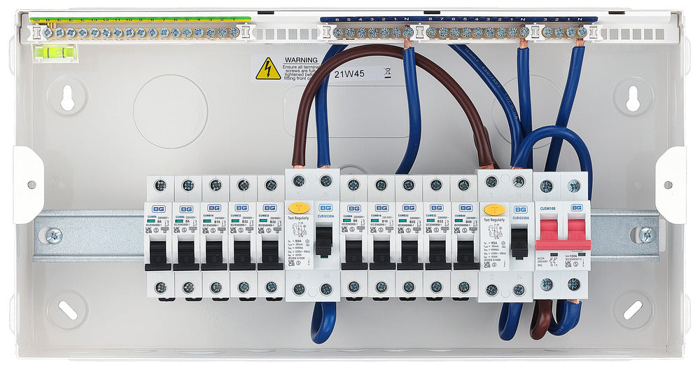 BG CFUDP16613A BG 19 Module 13 Way Populated + 100A Switch, 2x63A Type A 30mA RCD & 10xMCBs - westbasedirect.com