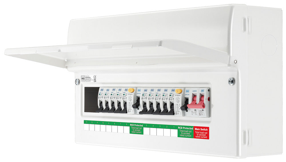 BG CFUDP16613A BG 19 Module 13 Way Populated + 100A Switch, 2x63A Type A 30mA RCD & 10xMCBs - westbasedirect.com