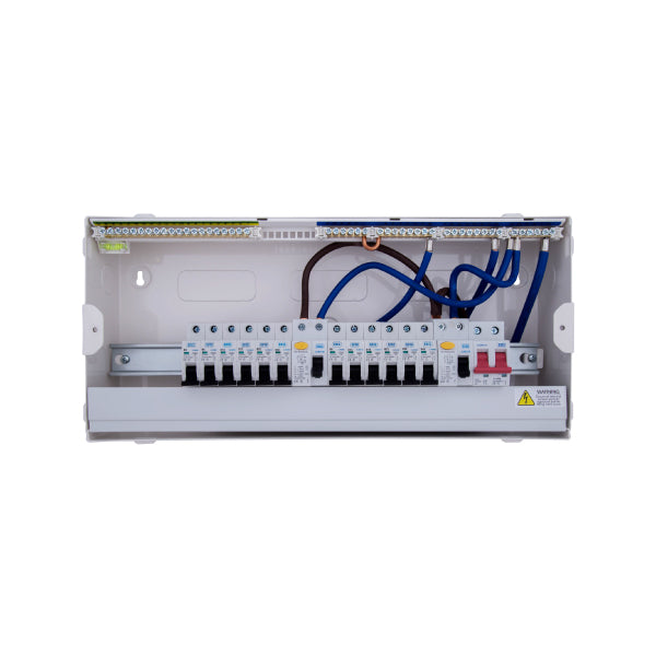 BG CFUDP16616 BG 22 Module 16 Way Populated + 100A Switch, 2x63A 30mA RCD & 12xMCBs - westbasedirect.com