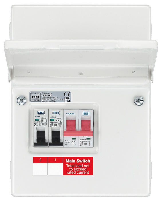 BG CFUGAR2 Garage Kit - IP20 Metal Enclosure, 100A Main Switch, 6+16A MCB - westbasedirect.com