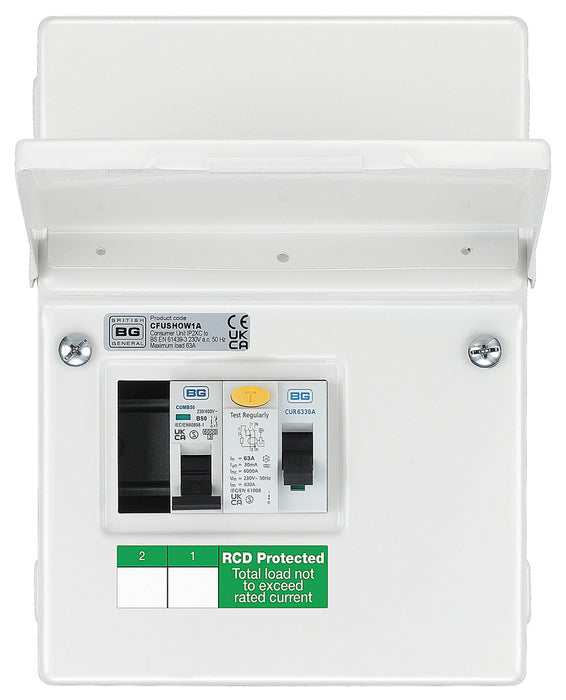 BG CFUSHOW1A Metal Shower Kit - IP20 Metal Enclosure, 63A Type A 30mA RCD, 50A MCB - westbasedirect.com