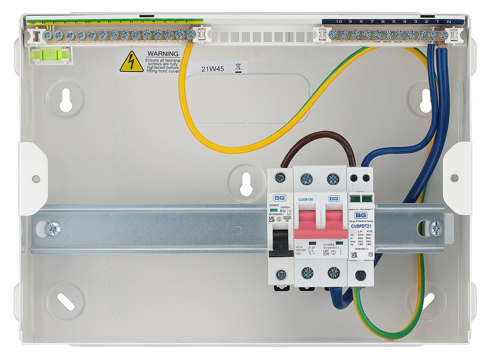 BG CFUSW08SPD 12 Module 8 Way Unpopulated + 100A Main Switch, SPD & 32A MCB - westbasedirect.com