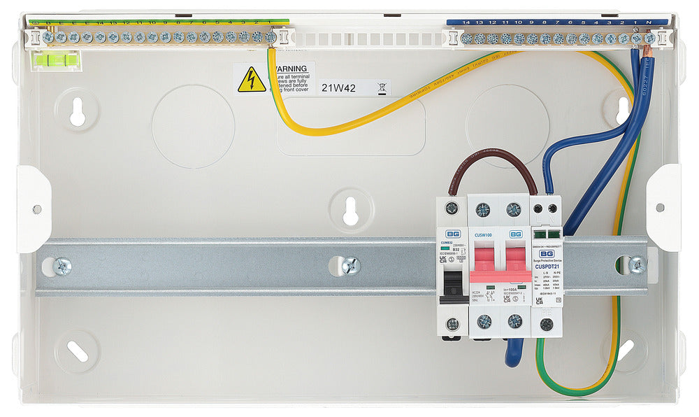 BG CFUSW12SPD 16 Module 12 Way Unpopulated + 100A Main Switch, SPD & 32A MCB - westbasedirect.com