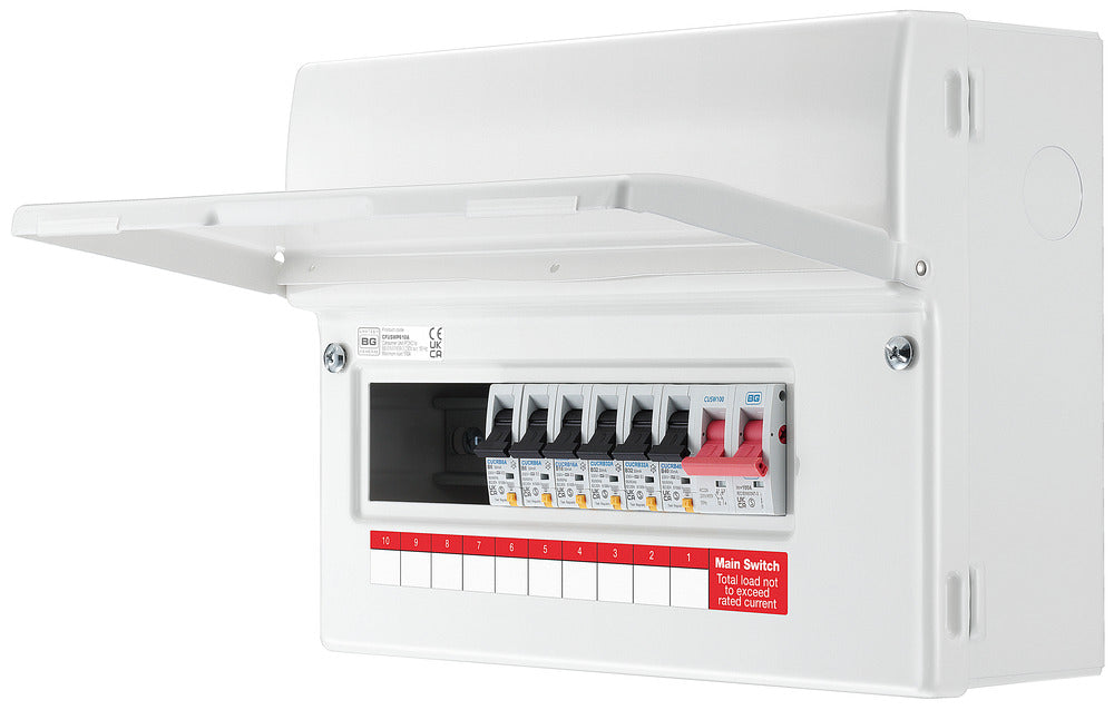 BG CFUSWP610A 12 Module 10 Way Metal Populated Consumer Unit + 100A Main Switch, 6x Type A RCBOs - westbasedirect.com