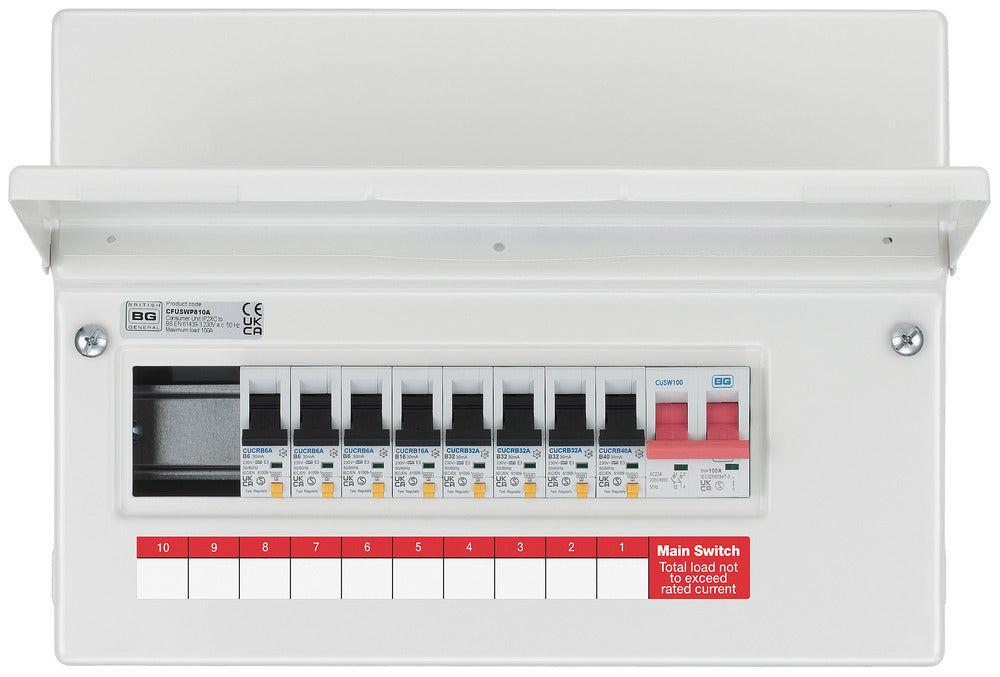 BG CFUSWP810A 12 Module 10 Way Metal Populated Consumer Unit + 100A Main Switch, 8x Type A RCBOs - westbasedirect.com