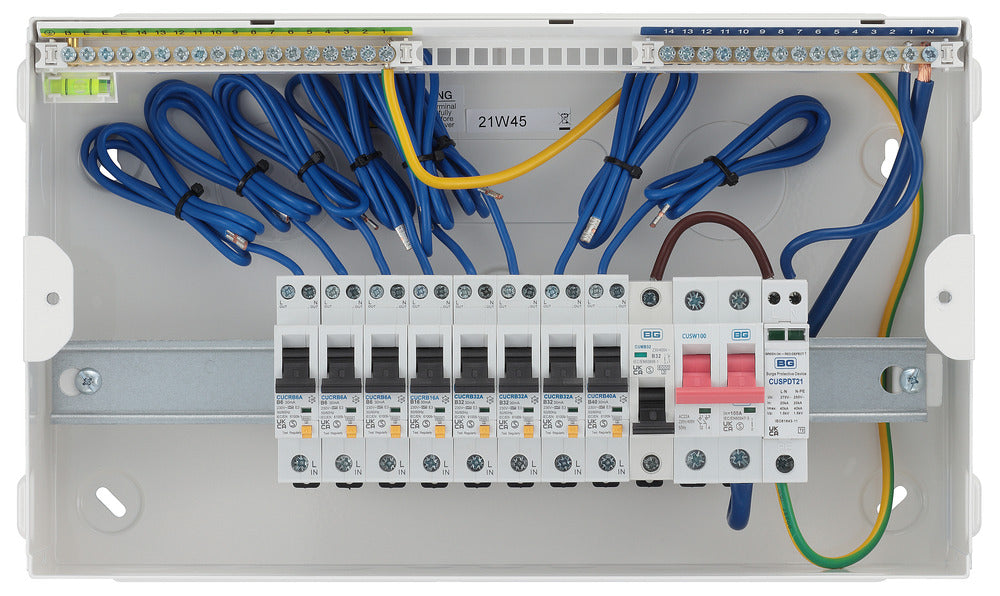 BG CFUSWP812ASPD 12 Way Consumer Unit + 100A Main Switch, 8 Type A RCBOS, SPD & 32A MCB - westbasedirect.com