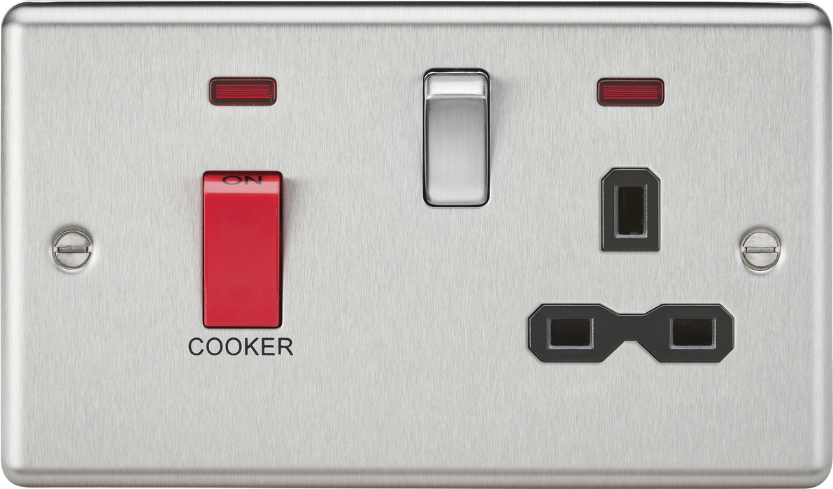 Knightsbridge CL83BC Rounded Edge 45A DP Cooker Switch + 13A Socket + Neons - Brushed Chrome + Black Insert - westbasedirect.com