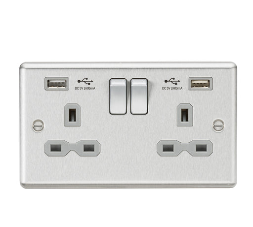 Knightsbridge CL9224BCG Rounded Edge 13A 2G Switch Socket +2xUSB 2.4A - Brushed Chrome + Grey Insert - westbasedirect.com