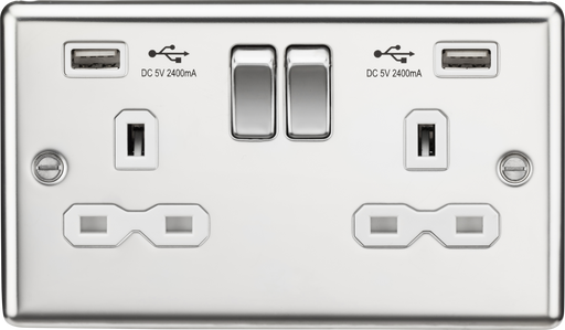 Knightsbridge CL9224PCW Rounded Edge 13A 2G Switch Socket +2xUSB 2.4A - Polished Chrome + White Insert - westbasedirect.com