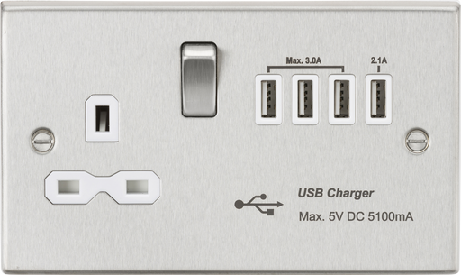 Knightsbridge CS7USB4BCW Square Edge 13A Switch Socket + 4xUSB 5.1A - Brushed Chrome + White Insert - westbasedirect.com
