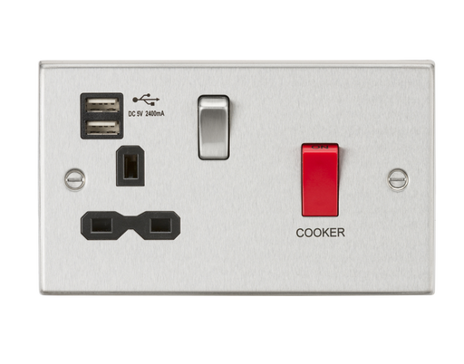 Knightsbridge CS8333UBC Square Edge 45A DP Switch + 13A Switch Socket +2xUSB 2.4A - Brushed Chrome + Black Insert - westbasedirect.com