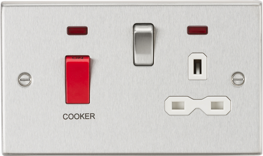 Knightsbridge CS83BCW Square Edge 45A DP Cooker Switch + 13A Switch Socket + Neons - Brushed Chrome + White Insert - westbasedirect.com