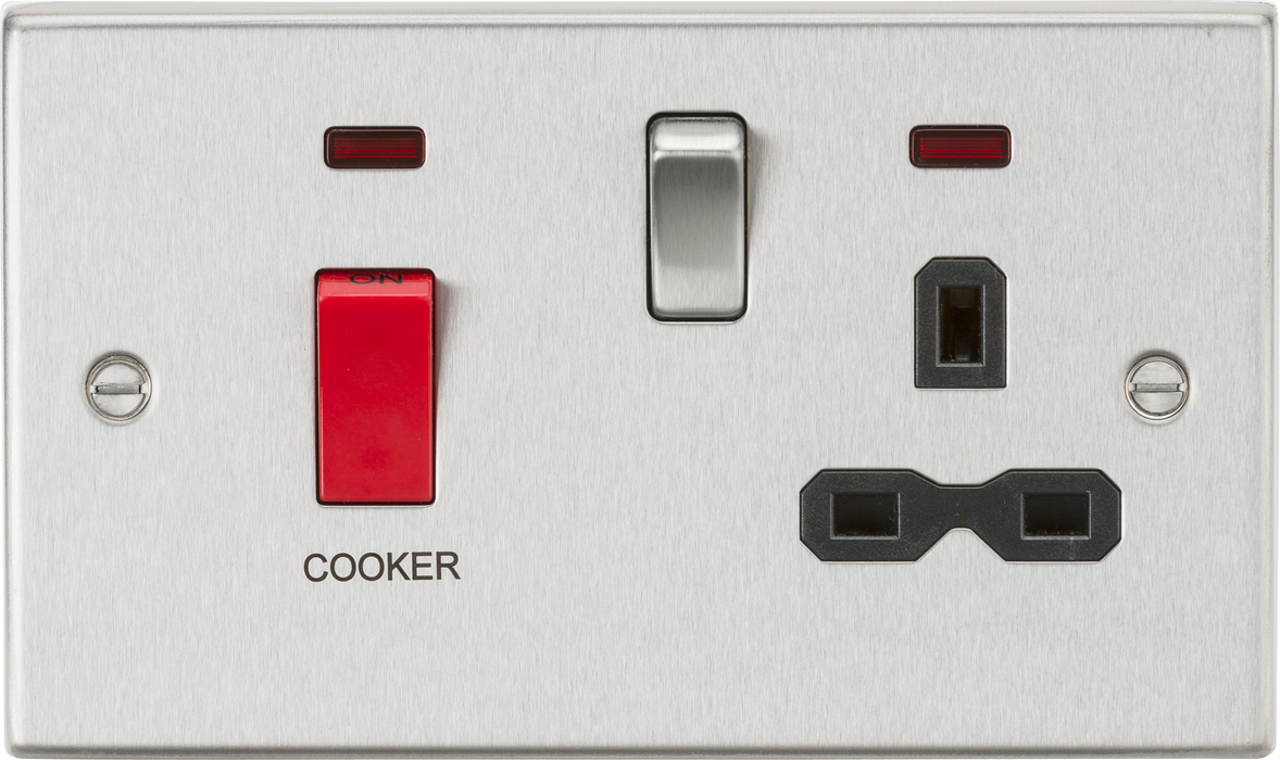 Knightsbridge CS83BC Square Edge 45A DP Cooker Switch + 13A Switch Socket + Neons - Brushed Chrome + Black Insert - westbasedirect.com