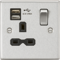 Knightsbridge CS91BC Square Edge 13A 1G Switch Socket +2xUSB 2.1A - Brushed Chrome + Black Insert