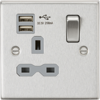 Knightsbridge CS91BCG Square Edge 13A 1G Switch Socket +2xUSB 2.1A - Brushed Chrome + Grey Insert