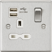 Knightsbridge CS91BCW Square Edge 13A 1G Switch Socket +2xUSB 2.1A - Brushed Chrome + White Insert