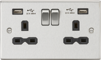Knightsbridge CS9224BC Square Edge 13A 2G Switch Socket +2xUSB 2.4A - Brushed Chrome + Black Insert