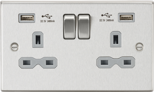 Knightsbridge CS9224BCG Square Edge 13A 2G Switch Socket +2xUSB 2.4A - Brushed Chrome + Grey Insert - westbasedirect.com